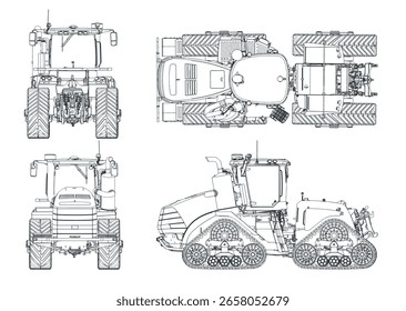 Dibujos de tractor modernos de cuatro pistas ilustración estilizada