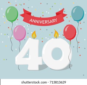 Fourty years anniversary greeting card with candles, confetti and balloons