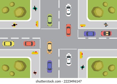 Carretera de cuatro vías. vista superior con el cruce de atascos y coches, taxi, coches de policía. ilustración vectorial