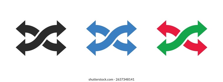four-way shuffle arrows icon on white background, representing random distribution, complex routing, interchange, multitasking, or decision paths, isolated graphic for process or logic flow use.