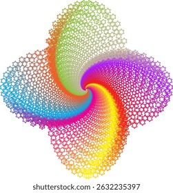 A four-way symmetrical spiral composition with a rainbow-colored six-pointed star pattern, blending from the center in a circular motion resembling a dynamic vortex