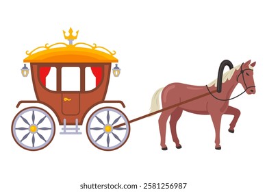 A four-wheeled carriage or coach with a horse. A carriage in the 18th century. Horse-drawn transport.