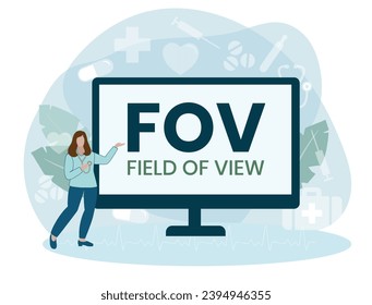 FOV, Campo De Vista. Concepto con palabras clave e iconos. Ilustración vectorial plana. Aislado en blanco.