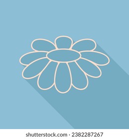 Fower Chamomile sign illustration. Unbleached silk Icon with very long shadow at dark sky blue background. Illustration.