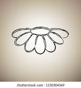 Fower Chamomile sign illustration. Vector. Brush drawed black icon at light brown background.