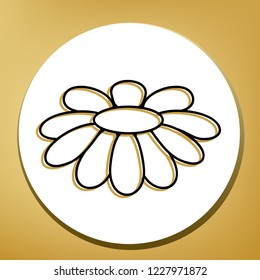 Fower Chamomile sign illustration. Vector. Black icon with light brown shadow in white circle with shaped ring at golden background.