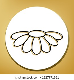 Fower Chamomile sign illustration. Vector. Black icon with light brown shadow in white circle with shaped ring at golden background.