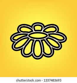 Fower Chamomile sign illustration. Vector. Yellow polka dot white icon with black contour at warm yellow background.