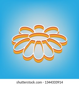 Fower Chamomile sign illustration. Vector. White icon with 3d warm-colored gradient body at sky blue background.
