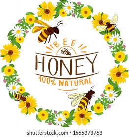 Fower round and lettering Bee honey