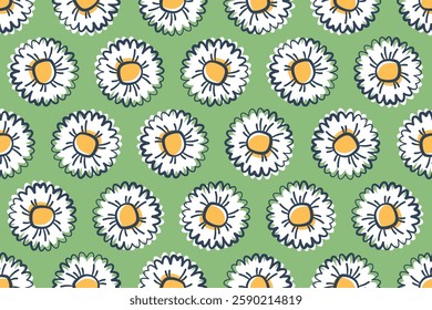 Fowers seamless pattern. Nature background of beautiful botanical elements. Camomile flowers. Outline floral elements. Daisies flower. Vector illustration for decoration, wallpaper, textiles
