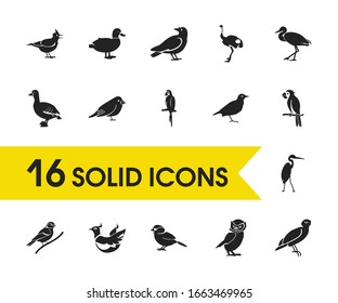 Fowl icons set with heron, phoenix and skylark elements. Set of fowl icons and finch concept. Editable vector elements for logo app UI design.