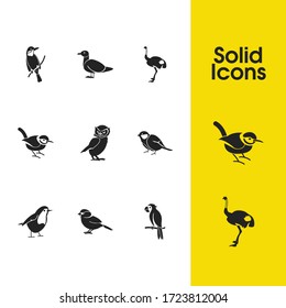 Fowl icons set with owl, sparrow and bulbul elements. Set of fowl icons and emu concept. Editable vector elements for logo app UI design.