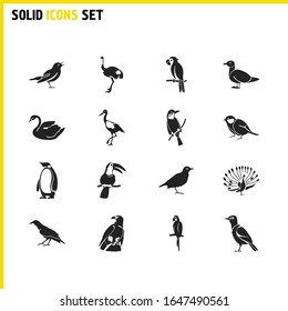 Fowl icons set with penguin, ostrich and macaw elements. Set of fowl icons and polar concept. Editable vector elements for logo app UI design.