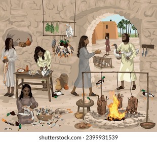 Fowler bringing captured wild geese to palace kitchen. Women pluck birds and skin them ready for cooking. Christian allegory image to depict Psalm 91:6.  