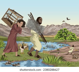 Fowler carrying nets and empty wooden cage walks towards water to lay snare and catch ducks.  Christian allegory image to depict Psalm 91:3