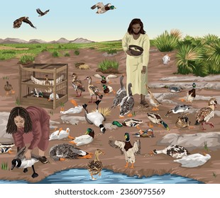 Fowler feeding ducks and geese a plant poison grain mix that makes them unconscious so they can be picked up and taken captive.  Christian allegory image to depict Psalm 91:3.