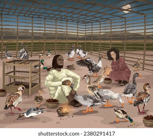 Fowler force feeding captive geese and ducks in wooden cage at night.  Christian allegory image to depict Psalm 91: 6.