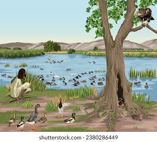 Fowler hidden behind long grass watching the ducks sleeping on the water, while other ducks avoid the bird catcher and hide in  the hollow of a tree.  Christian allegory image to depict Psalm 91:1-2.