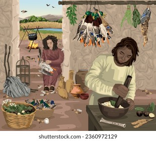 Fowler preparing a plant poison that will make ducks unconscious so they can easily be picked up and taken captive.  Christian allegory image to depict Psalm 91:3.