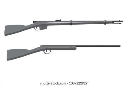 Fowling piece and army automatic rifle of World War II.Smooth-bore shot-gun. In flat style a vector. Firearms icon concept.Hunter equipment, armament. 