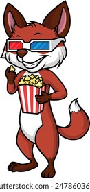 Fox with 3d glasses and popcorn vector illustration