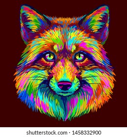 Fox. Abstract, colorful, neon portrait of a Fox's head on a dark brown background in pop art style.