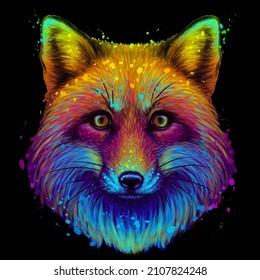 Fox. Resumen, colorido, retrato de neón de la cabeza de un zorro sobre un fondo negro en estilo de arte pop con salpicaduras de acuarela. Gráficos vectoriales digitales.