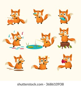 Fox Activities with different emotions. Vector Illustration Collection