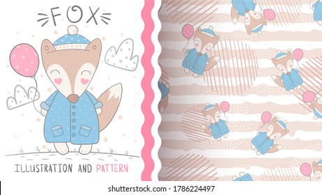 Fox with air balloon - seamless pattern