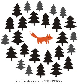 Fox alone wildlife forest cartoon style seasonal winter card poster illustration on white background