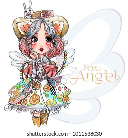 Fox angel cute little girl with wings, fruit dress, little bunny on hat. Beauty fashion woman portrait, cartoon character, hand drawn vector illustration art