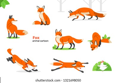 Fox. Animal cartoon. Set of cute cartoon foxes in modern simple flat style. Isolated vector illustration