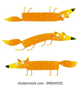 Fox animal character fun cartoon set for kids. Fox animal fun cartoon watercolor style collection. Wildlife pet brightly colored hand drawn. Character foxy creature. Vector illustration