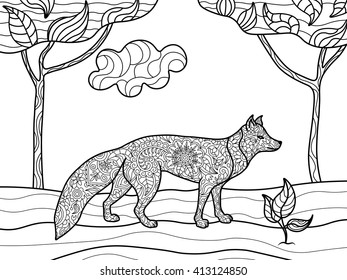 Fox animal coloring book for adults vector illustration. Zentangle style. Black and white lines. Lace pattern