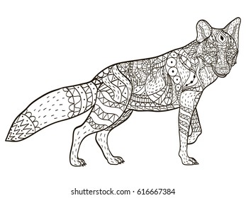 Fox animal coloring book for adults vector illustration. Anti-stress coloring for adult. Zentangle style. Black and white lines. Lace pattern