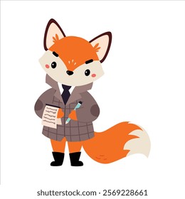 Fox Animal Detective Character Investigating and Search for Evidence Vector Illustration