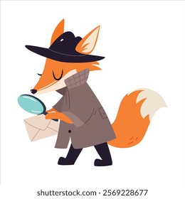 Fox Animal Detective Character with Magnifier Investigating and Search for Evidence Vector Illustration