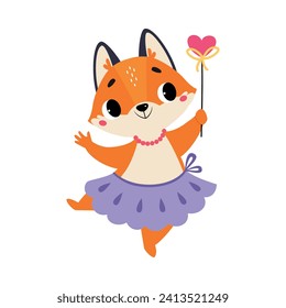 Fox Animal Fairy in Pretty Dress with Magic Wand Vector Illustration