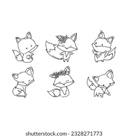 fox, animal, isolated, wild, illustration, vector, nature, art, cute, character, wildlife, cartoon, design, set, drawing, mammal, orange, tail, graphic, fur, hand drawn doodle illustrations vector set
