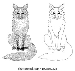 Fox animal page doodle and outline animal for adult coloring book.