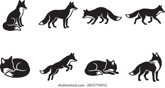 Fox animal silhouettes set featuring running sitting and sleeping poses