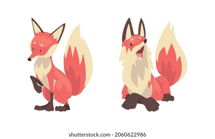 Fox Animal with Upright Ears, Pointed Snout and Long Bushy Tail in Different Poses Vector Set