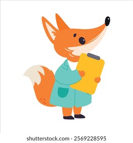 Fox Animal Work in Ambulance and Hospital Hold Clipboard Vector Illustration