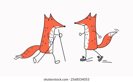 Fox athlete, training, walking, rollerblading. Nordic walking. Sport fox. Set of cute animals doing sports. Simple vector icons on white isolated background.