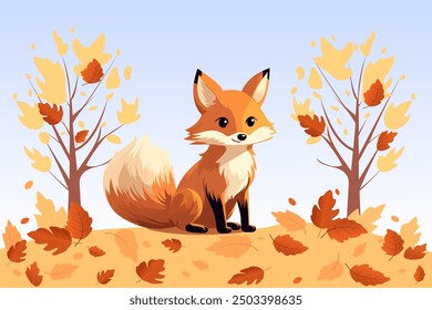 Fox in the autumn forest. A cute fox sits in the forest against a background of beautiful autumn trees and falling leaves. Autumn vector illustration.