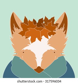 Fox with autumn maple leaves wreath