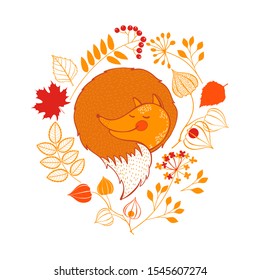 Fox and autumn plants. Vector illustration on white. Cartoon character.