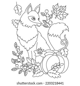 Fox in autumn themes like berries leaves with pumpkin autumn seasonal or thanksgiving coloring pages outline
