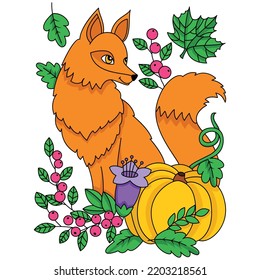 Fox in autumn themes like berries leaves with pumpkin autumn seasonal or thanksgiving coloring pages